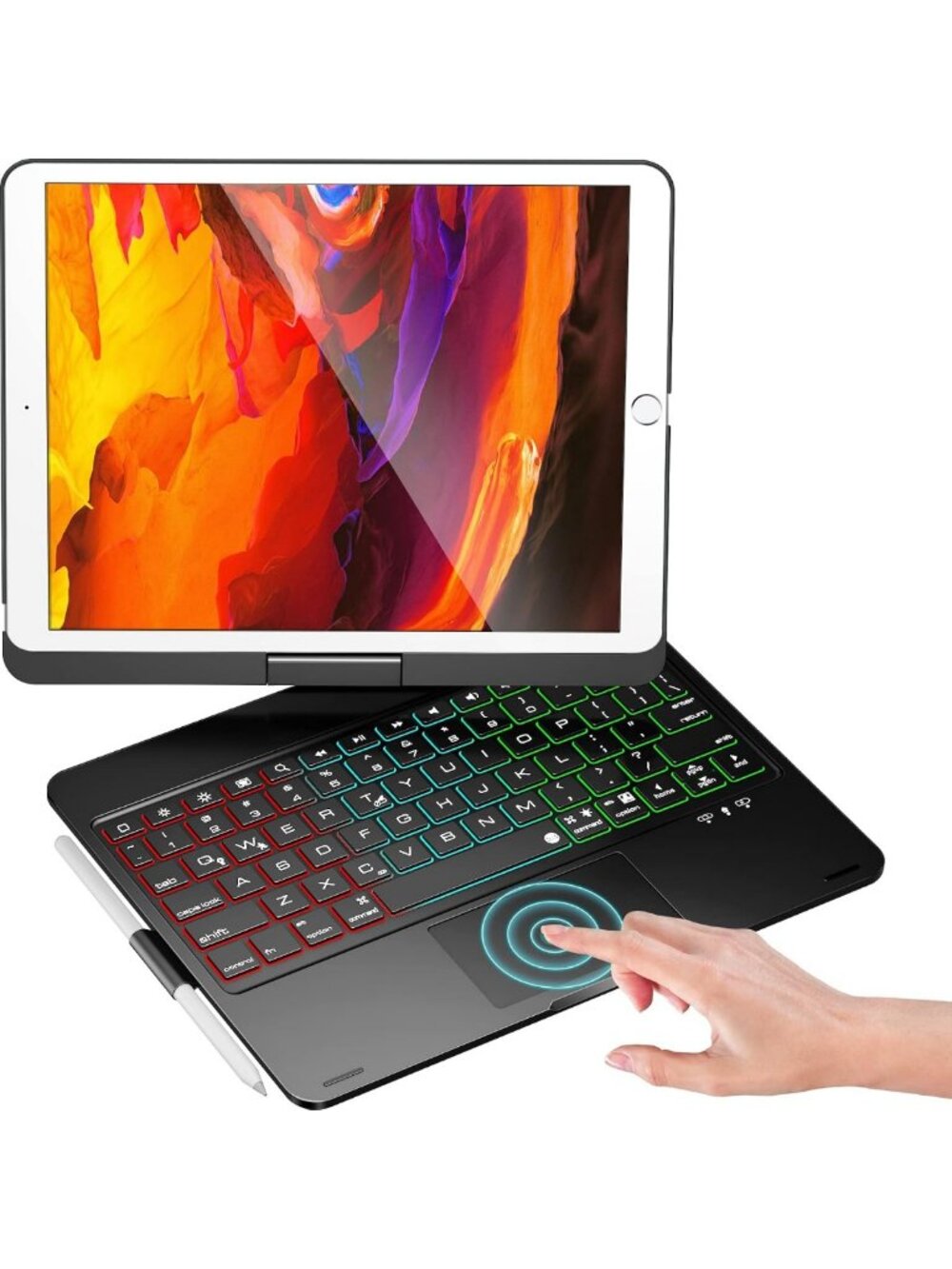 360° Rotatable iPad Case with Keyboard, Touchpad, 7 Color Backlight & Pencil